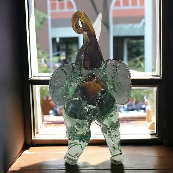 Murano Handblown Green Glass Elephant Figure W/Good Luck White Upward Tusk - Picture 6 of 16